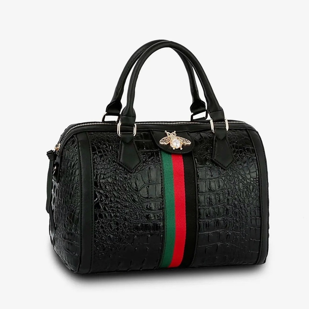 Black Croc-Embossed Handbag with Red & Green Stripe